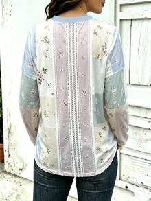 Breezaya 秋季休閒波希米亞度假風草綠色花卉田園復古上衣，蕾絲長袖日常穿搭 - 彩色 - 查看 2
