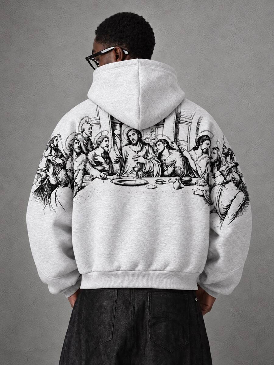 STYNVO Men's Character Print Long Sleeve Pocket Casual Hoodie - Light Grey - View 1