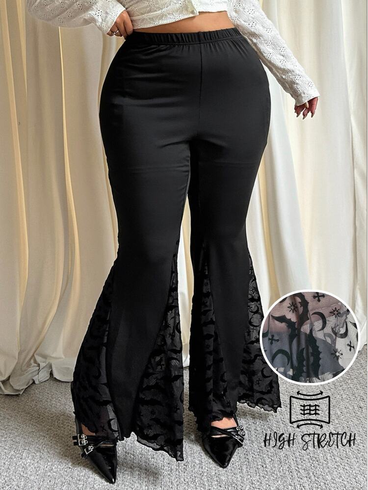 GalTyme Plus Size Fashion Lace Patchwork Flared Pants Elegant - Black - View 5