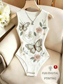 SHEIN Franclia [Printed Design] Minimalist Fitted Round Neck Faux Embroidery Print Waist Cinched Sleeveless Bodysuit, Suitable For Work, Casual And Holiday Wear - White - View 4