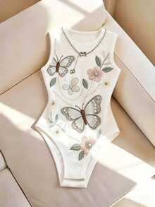 SHEIN Franclia [Printed Design] Minimalist Fitted Round Neck Faux Embroidery Print Waist Cinched Sleeveless Bodysuit, Suitable For Work, Casual And Holiday Wear - White - View 3