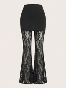 Reflora Plus Size Lace Sheer Patchwork Skirt & Flare Pants 2-In-1 Fall - Black - View 3