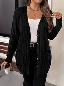 SHEIN VCAY Plus Size Women's Loose Cardigan Sweater Business Casual Dressy Baggy Soft Form Normal Holiday Country Tops, Autumn Office Formal Work Black - Black - View 5