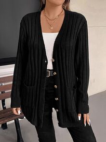 SHEIN VCAY Plus Size Women's Loose Cardigan Sweater Business Casual Dressy Baggy Soft Form Normal Holiday Country Tops, Autumn Office Formal Work Black - Black - View 4