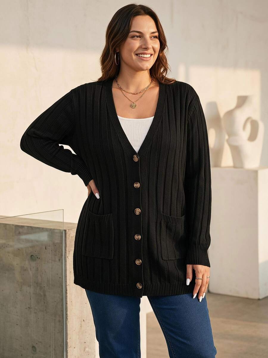 SHEIN VCAY Plus Size Women's Loose Cardigan Sweater Business Casual Dressy Baggy Soft Form Normal Holiday Country Tops, Autumn Office Formal Work Black - Black - View 1