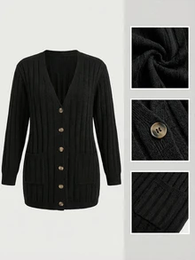 SHEIN VCAY Plus Size Women's Loose Cardigan Sweater Business Casual Dressy Baggy Soft Form Normal Holiday Country Tops, Autumn Office Formal Work Black - Black - View 7