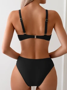 Swim Basics 夏季沙灘女士純色扭結前扣比基尼套裝 - 黑色 - 查看 2