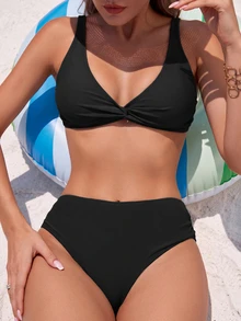 Swim Basics 夏季沙灘女士純色扭結前扣比基尼套裝 - 黑色 - 查看 3