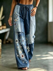 Glimmora Bohemian Vintage Denim Effect Patchwork Floral Print Blue Women's Long Pants, High Waist Drawstring Straight Leg Wide Leg Pants For Autumn/Summer - Multicolor - View 4