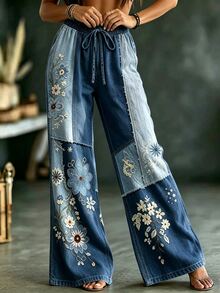 Glimmora Bohemian Vintage Denim Effect Patchwork Floral Print Blue Women's Long Pants, High Waist Drawstring Straight Leg Wide Leg Pants For Autumn/Summer - Multicolor - View 5