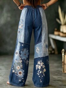 Glimmora Bohemian Vintage Denim Effect Patchwork Floral Print Blue Women's Long Pants, High Waist Drawstring Straight Leg Wide Leg Pants For Autumn/Summer - Multicolor - View 2