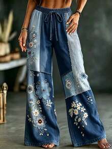 Glimmora Bohemian Vintage Denim Effect Patchwork Floral Print Blue Women's Long Pants, High Waist Drawstring Straight Leg Wide Leg Pants For Autumn/Summer - Multicolor - View 3