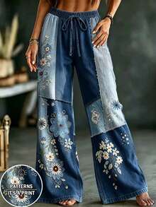 Glimmora Bohemian Vintage Denim Effect Patchwork Floral Print Blue Women's Long Pants, High Waist Drawstring Straight Leg Wide Leg Pants For Autumn/Summer - Multicolor - View 1