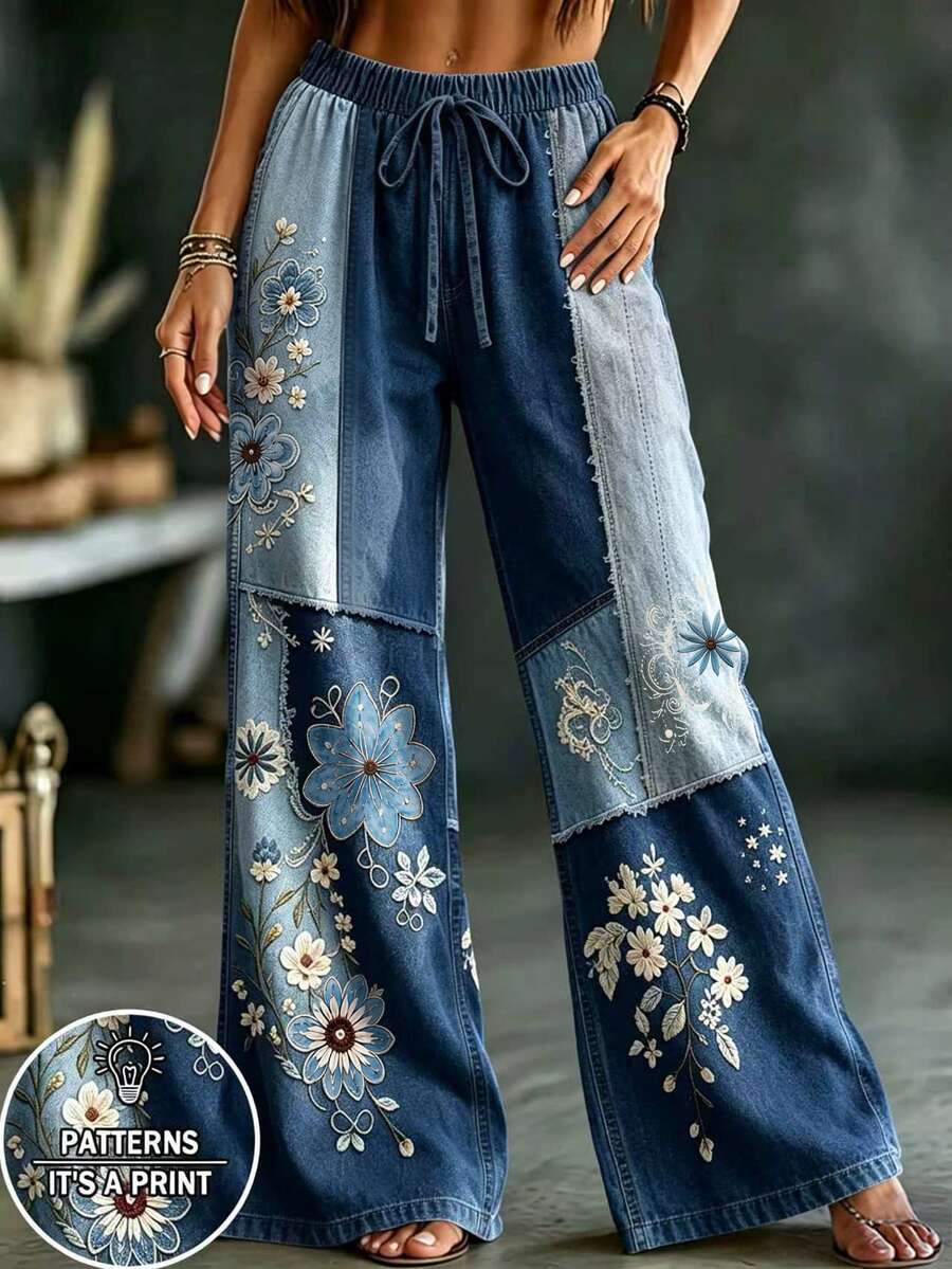 Glimmora Bohemian Vintage Denim Effect Patchwork Floral Print Blue Women's Long Pants, High Waist Drawstring Straight Leg Wide Leg Pants For Autumn/Summer - Multicolor - View 1