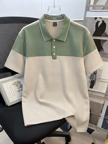 Manfinity Joysei Men's Knit Jacquard Solid Color Textured Fabric Patchwork Bean Green & Apricot Dopamine Color Scheme Collar & Cuffs Ribbed Three White Buttons Polo Shirt - Apricot - View 2