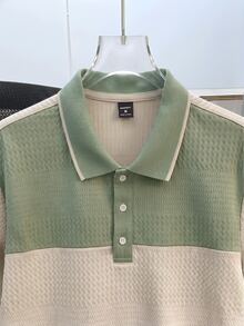 Manfinity Joysei Men's Knit Jacquard Solid Color Textured Fabric Patchwork Bean Green & Apricot Dopamine Color Scheme Collar & Cuffs Ribbed Three White Buttons Polo Shirt - Apricot - View 5