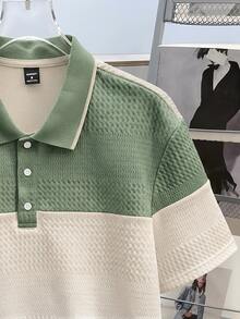 Manfinity Joysei Men's Knit Jacquard Solid Color Textured Fabric Patchwork Bean Green & Apricot Dopamine Color Scheme Collar & Cuffs Ribbed Three White Buttons Polo Shirt - Apricot - View 8