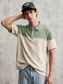 Manfinity Joysei Men's Knit Jacquard Solid Color Textured Fabric Patchwork Bean Green & Apricot Dopamine Color Scheme Collar & Cuffs Ribbed Three White Buttons Polo Shirt - Apricot - View 1
