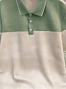 Manfinity Joysei Men's Knit Jacquard Solid Color Textured Fabric Patchwork Bean Green & Apricot Dopamine Color Scheme Collar & Cuffs Ribbed Three White Buttons Polo Shirt - Apricot - View 4