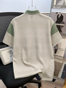Manfinity Joysei Men's Knit Jacquard Solid Color Textured Fabric Patchwork Bean Green & Apricot Dopamine Color Scheme Collar & Cuffs Ribbed Three White Buttons Polo Shirt - Apricot - View 3