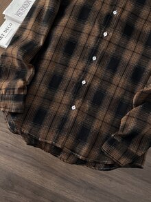 OldRiff 男士春季休闲格子长袖衬衫，适合秋季 - 咖啡棕 - 查看 6