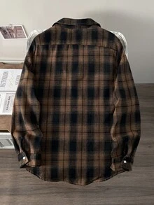 OldRiff 男士春季休闲格子长袖衬衫，适合秋季 - 咖啡棕 - 查看 3