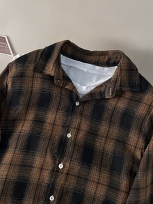 OldRiff 男士春季休闲格子长袖衬衫，适合秋季 - 咖啡棕 - 查看 8