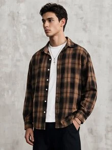 OldRiff 男士春季休闲格子长袖衬衫，适合秋季 - 咖啡棕 - 查看 1