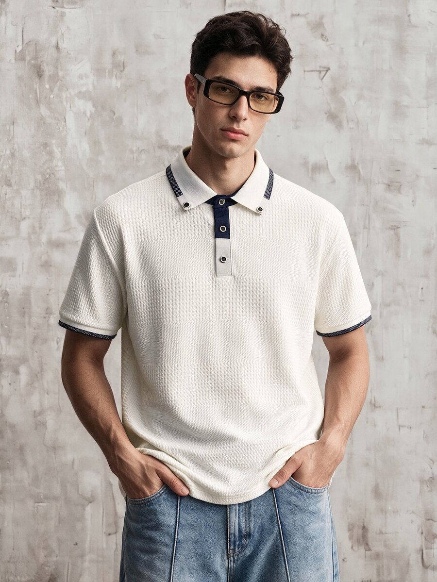 OldRiff Men's Turndown Collar Button Half Placket Casual Versatile Commuting Short Sleeve Polo Shirt - White - View 1