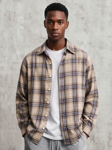 Manfinity Joysei Men Yellow Plaid Long Sleeve Button-Front Casual Versatile Shirt, Fall - Multicolor - View 1