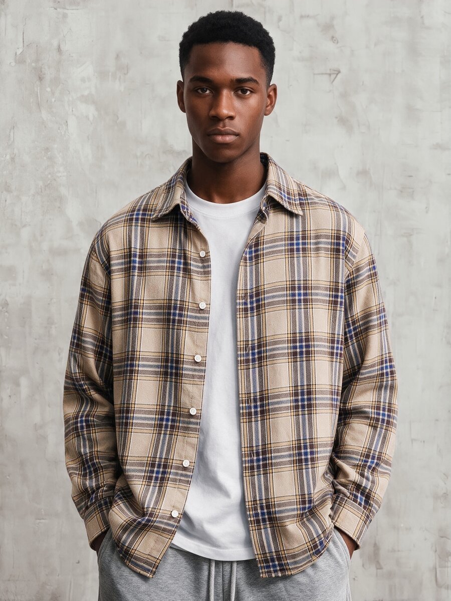 Manfinity Joysei Men Yellow Plaid Long Sleeve Button-Front Casual Versatile Shirt, Fall - Multicolor - View 1