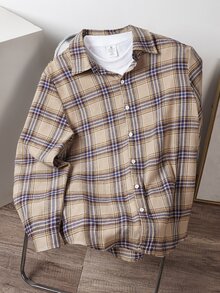 Manfinity Joysei Men Yellow Plaid Long Sleeve Button-Front Casual Versatile Shirt, Fall - Multicolor - View 3