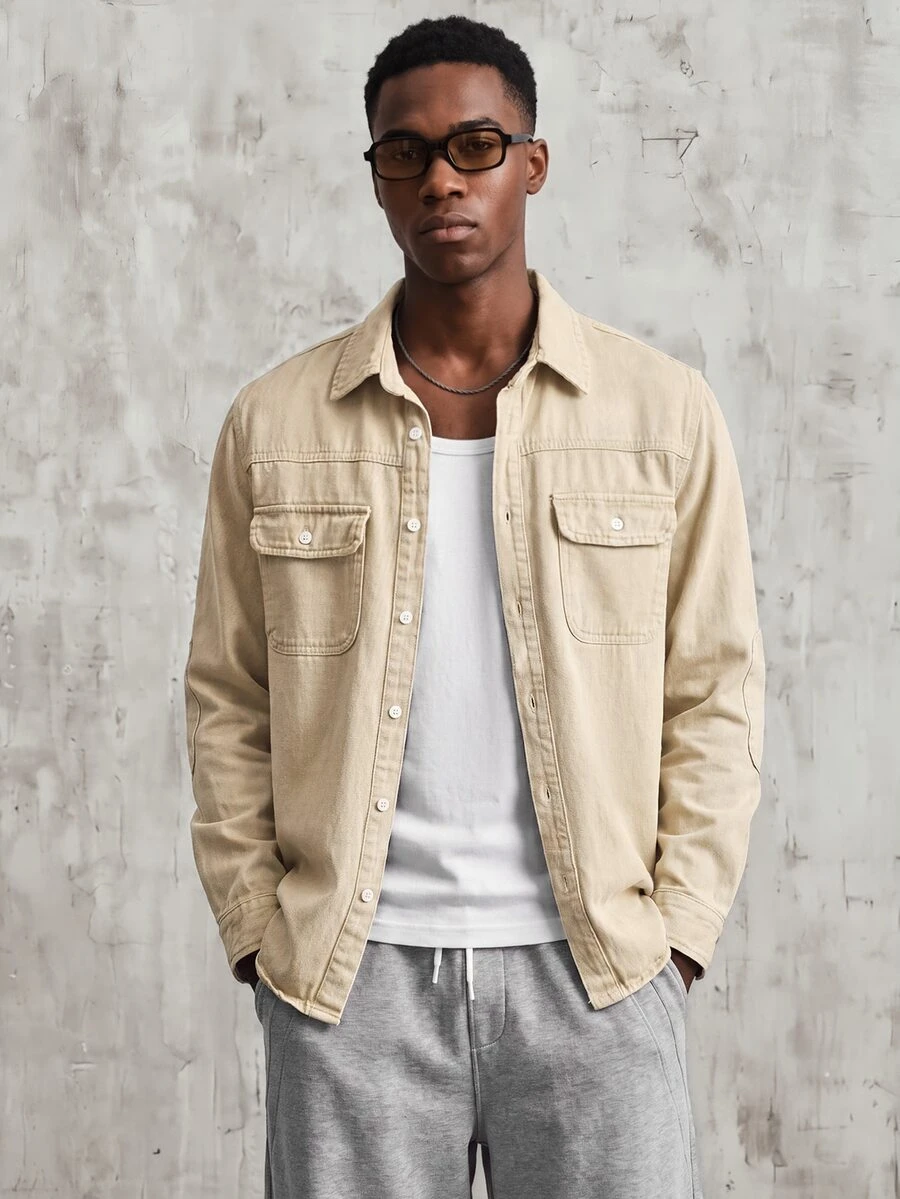 Manfinity Joysei Manfinity 男士修身卡其色美式休闲牛仔夹克,适合外出、休闲、工作通勤等各种场合。 - 卡其色 - 查看 1