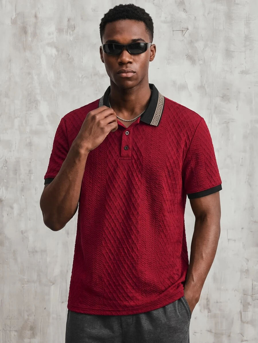 OldRiff Stylish Men's Burgundy Polo Shirt With Rib-Knit Pattern Short Sleeve Knitted Fabric Regular Length Polo Shirt For Men - Burgundy - View 1