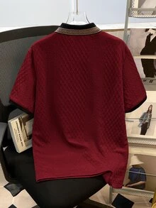 OldRiff Stylish Men's Burgundy Polo Shirt With Rib-Knit Pattern Short Sleeve Knitted Fabric Regular Length Polo Shirt For Men - Burgundy - View 2