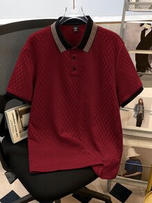 OldRiff Stylish Men's Burgundy Polo Shirt With Rib-Knit Pattern Short Sleeve Knitted Fabric Regular Length Polo Shirt For Men - Burgundy - View 3