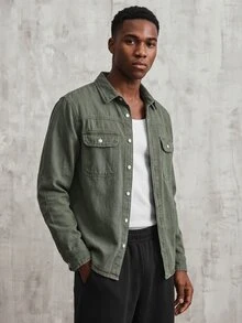 OldRiff Men's Slim-Fit Olive Green American Casual Denim Jacket Going Out Hang Out Work Commute Street - Army Green - View 3