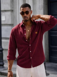 Mainfolk Men's Single-Breasted Casual Versatile Daily Wear Shirt Men Slim Fit Party Gift For Husband, Boyfriend, Son, Halloween Burgundy Winter Autumn - Red - View 2