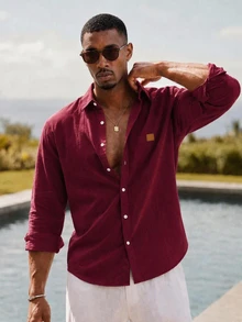 Mainfolk Men's Single-Breasted Casual Versatile Daily Wear Shirt Men Slim Fit Party Gift For Husband, Boyfriend, Son, Halloween Burgundy Winter Autumn - Red - View 11