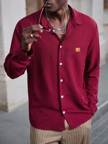 Mainfolk Men's Single-Breasted Casual Versatile Daily Wear Shirt Men Slim Fit Party Gift For Husband, Boyfriend, Son, Halloween Burgundy Winter Autumn - Red - View 7