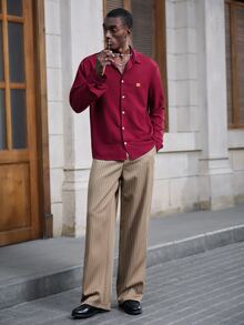Mainfolk Men's Single-Breasted Casual Versatile Daily Wear Shirt Men Slim Fit Party Gift For Husband, Boyfriend, Son, Halloween Burgundy Winter Autumn - Red - View 9