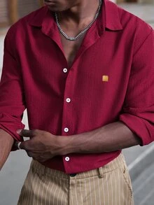 Mainfolk Men's Single-Breasted Casual Versatile Daily Wear Shirt Men Slim Fit Party Gift For Husband, Boyfriend, Son, Halloween Burgundy Winter Autumn - Red - View 3
