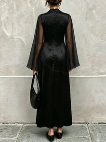 SHEIN Women's Black Cowl Neck Dress, Satin Ruched Neck Sheer Mesh Flare Long Sleeve Asymmetrical Slit Lace Patchwork Elegant Dress - Black - View 4