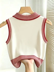 Franclia Women's Casual Elegant Intellectual Collared Striped Knit Vest - Red and White - View 2