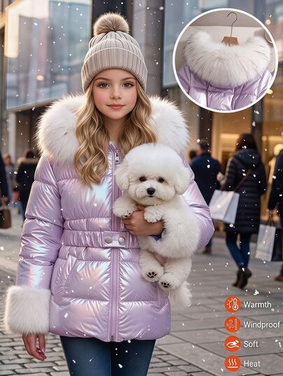 SHEIN Winter Tween Girl Tween Girl' Colorful Laser Shiny Padded Coat, Big Tween Girl' Iridescent Large Fur Collar Hooded Padded Coat, Waist-Cinching Slim Fit Thickened Warmth-Locking, Fur Trim Cuffs, Stylish Outdoor Wear Children's Winter Padded Coat Coat