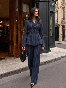 Aloruh Women's Elegant Lapel Striped Commuter Suit Set - Navy Blue - View 2