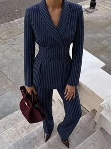 Aloruh Women's Elegant Lapel Striped Commuter Suit Set - Navy Blue - View 1
