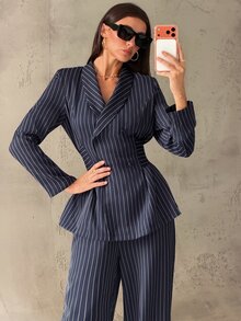 Aloruh Women's Elegant Lapel Striped Commuter Suit Set - Navy Blue - View 7