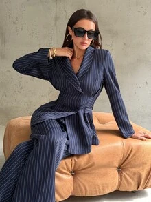 Aloruh Women's Elegant Lapel Striped Commuter Suit Set - Navy Blue - View 5