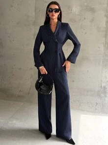 Aloruh Women's Elegant Lapel Striped Commuter Suit Set - Navy Blue - View 4